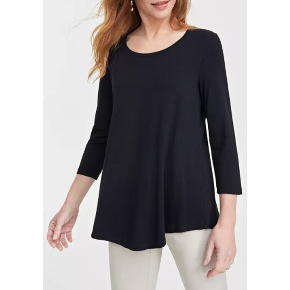 JM Collection Women Petite 3/4-Sleeve ScoopNeck Top Black PM